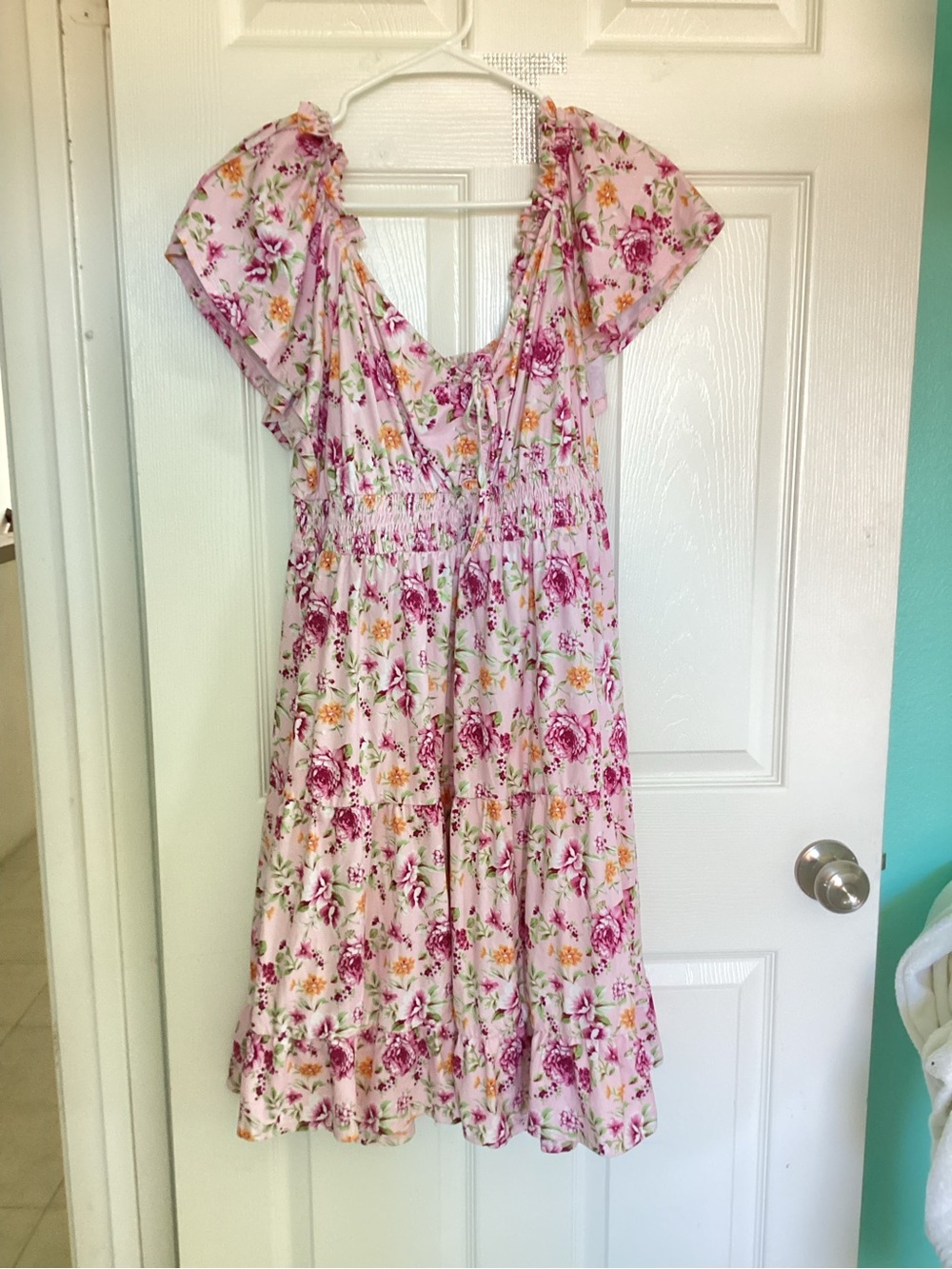Floral Ruffle Sleeve Summer Dress in Light Pink